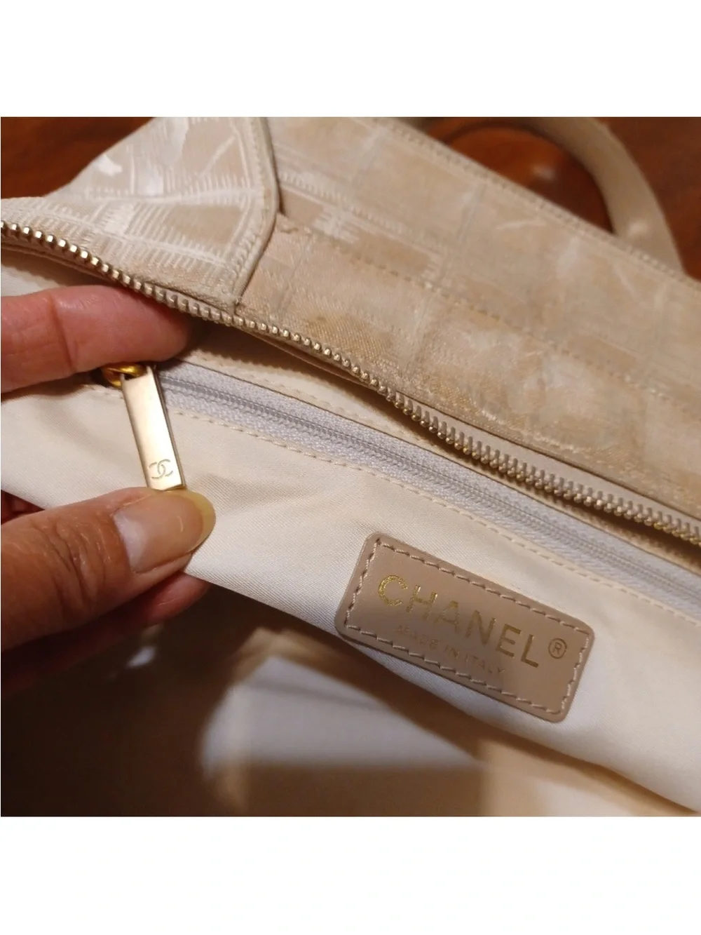 CHANEL Beige Canvas Satchel with Tan Leather Handles